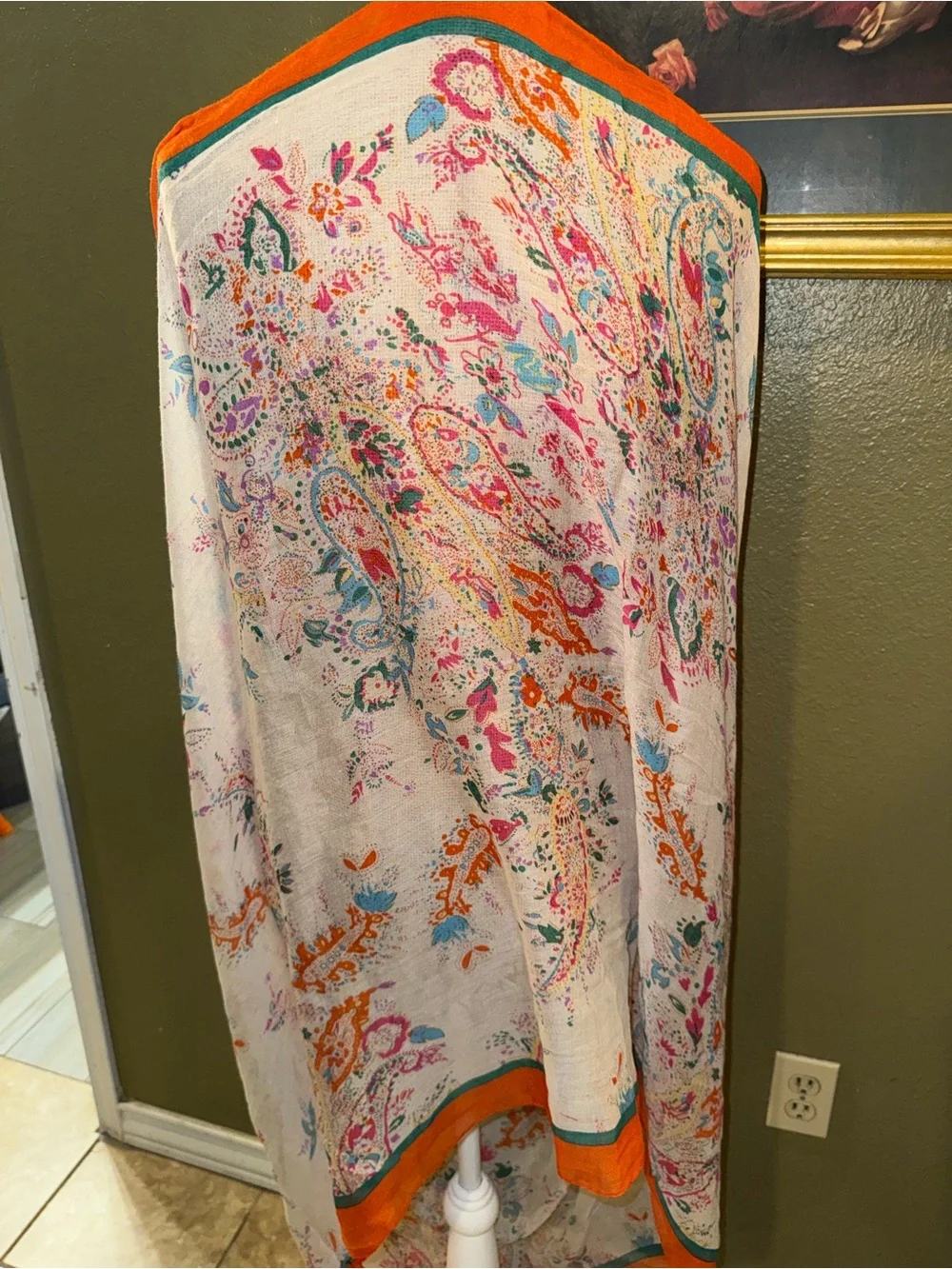 Lightweight Floral Scarf with Bright Orange Trim